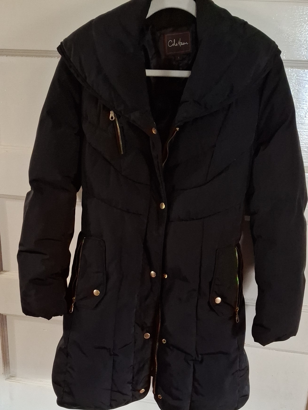 Cole Haan Black Quilted Long Puffer Coat with Gold Accents